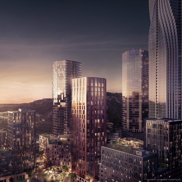 Karlastaden - vy över området och karlatornet exteriör skymmning