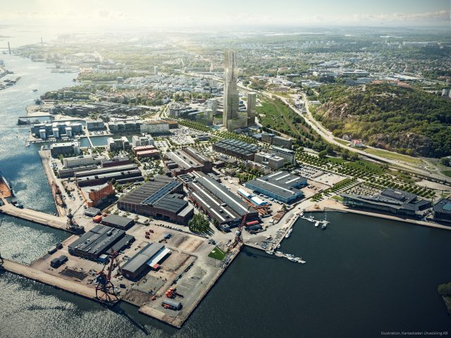 Karlastaden - vy över området och karlatornet exteriör dagtid