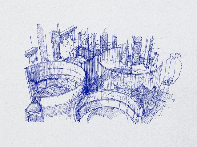 Vrå matgrupper i blå runda öar med glaspaneler skiss